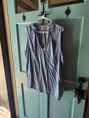 Time And Tru Light Blue Sleeveless V-Neck Ruffle Trim Top